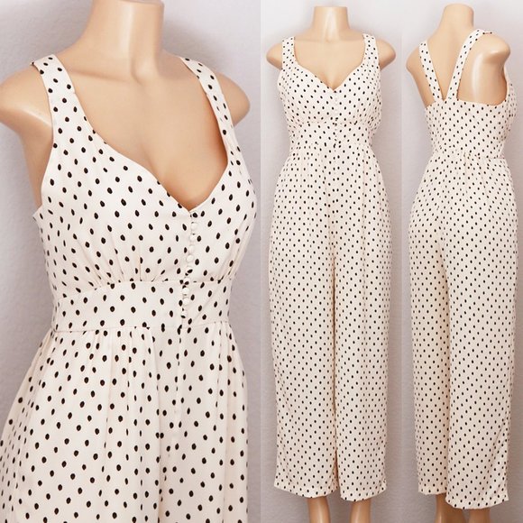 NEW Ivory Polka Dot Buttons Pocket Crop Jumpsuit